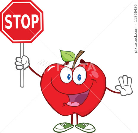 插图素材: apple cartoon character holding a stop sign