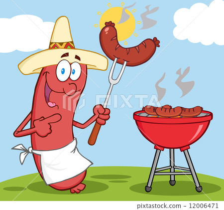 图库插图: sausage with mexican hat cook at barbecue with back