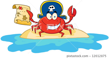 图库插图: pirate crab holding a treasure map on island