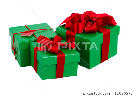 图库照片: green gift boxes and christmas red decorations