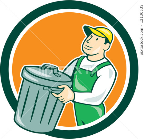 插图素材: garbage collector carrying bin circle cartoon