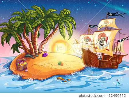 图库插图: illustration of treasure island and pirate ship