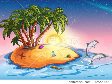 插图素材: illustration of treasure island in the ocean and