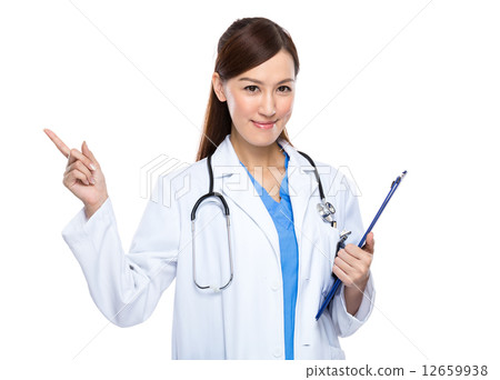 图库照片: female doctor finger point up with clipboard