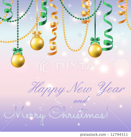 new year greeting card. christmas ball with bow and ribbon.