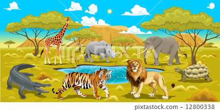 插图素材: african landscape with animals.