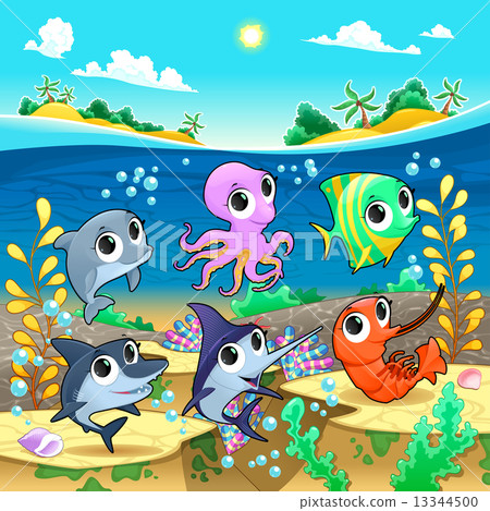 插图素材: funny marine animals in the sea