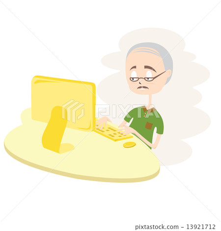 插图素材: happy old man using computer.