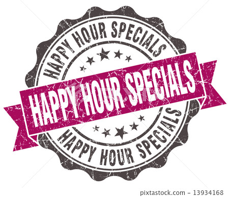 插图素材: happy hour specials grunge violet seal isolated on