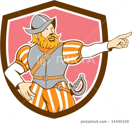 插图素材: spanish conquistador pointing cartoon shield