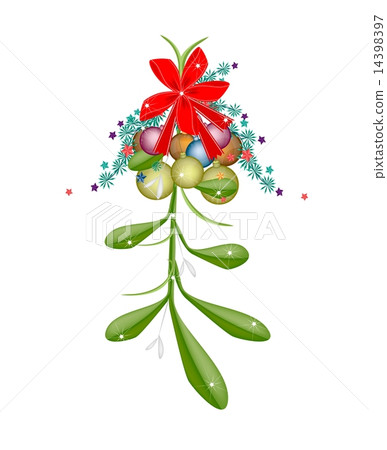 插图素材: hanging green mistletoe with a red bow