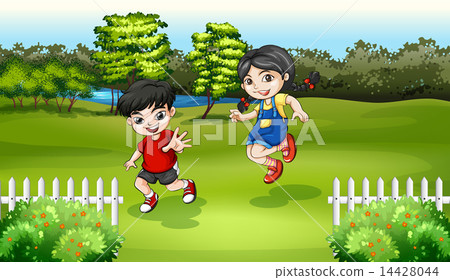 图库插图: kids playing near the river