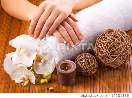 图库照片: french manicure with white orchid on a bamboo