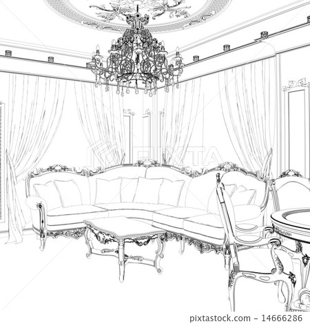 图库插图: sketch of living room with dining area