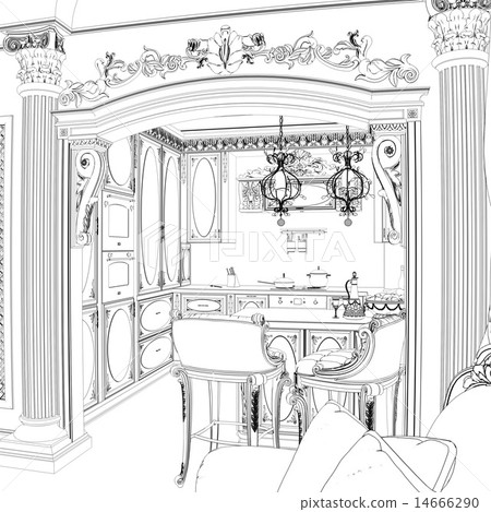 图库插图: 3d sketch of retro kitchen interior with dining