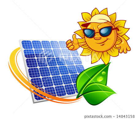 插图素材: cartoon sun in front of solar panel