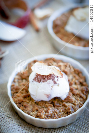 图库照片: apple crumble dessert with cinnamon and vanilla ice