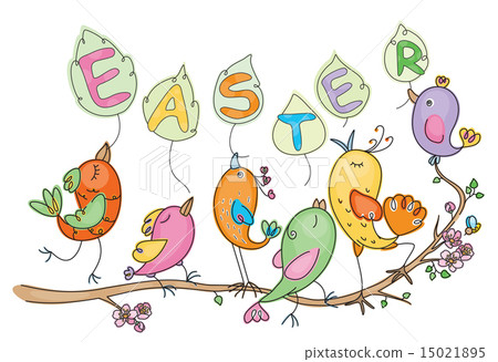 插图素材: vector cute birds cartoon holding easter letters.
