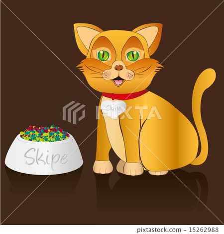 图库插图: yellow cat sitting with food container and necklace