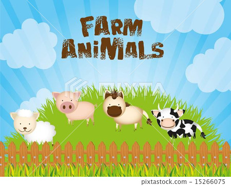 插图素材: illustration farm with cows sheep pig and horse on