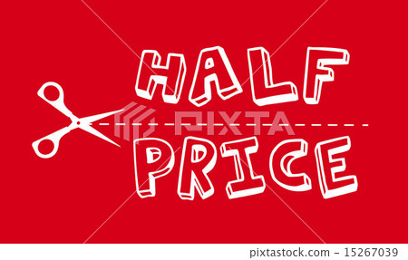 插图素材: half price with silhouette scissor over red background