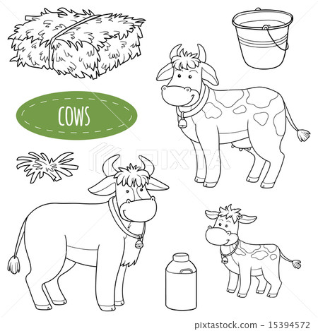 插图素材: set of cute farm animals, vector family cows