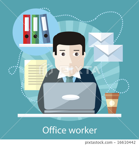 office卡通图片,卡通图片 插图素材: office worker sitting in front of computer 查看全部