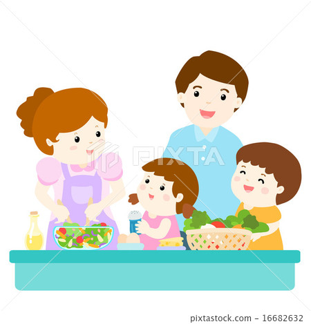 插图素材: happy family cook healthy food together vector