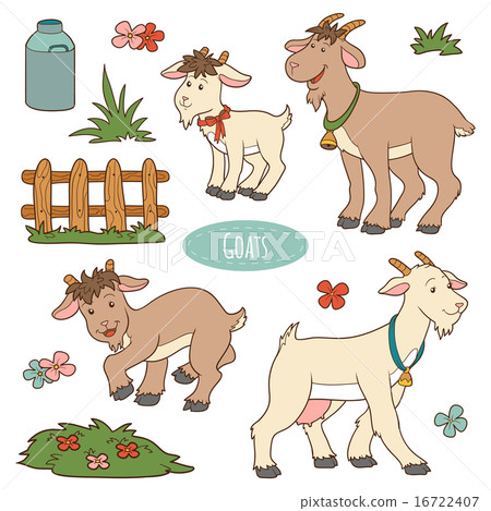 插图素材: set of cute farm animals and objects, family goats