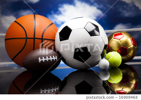 图库照片: assorted sports equipment, vivid colorful theme