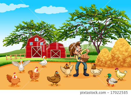 插图素材: farmer with chickens and eggs