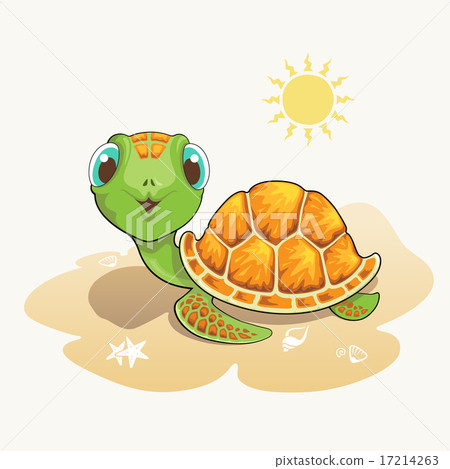 插图素材: cute turtle cartoon on the beach