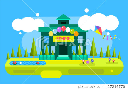 插图素材: cute vector cartoon school building illustration back