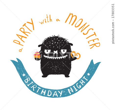 插图素材: funny cute little black monster birthday party