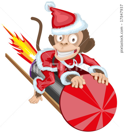 图库插图: christmas monkey santa flying on firework rocket