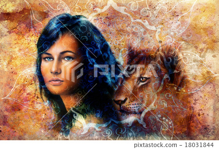 插图素材: young woman and lion cub. woman portrait with long