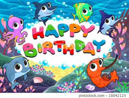 插图素材: happy birthday card with marine life