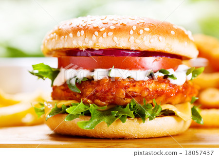 图库照片: burger with chicken and fries