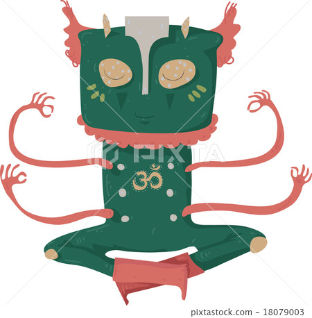 插图素材: green funny monster sitting in lotus yoga pose.