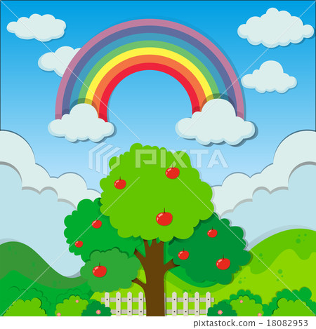 插图素材: rainbow over the apple tree