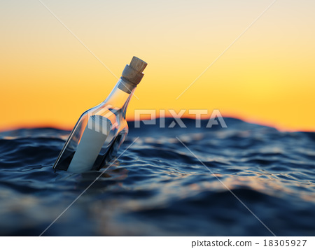 图库插图: glass bottle with letter in the sea