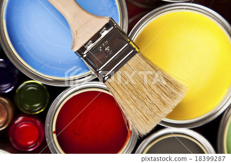 图库照片: paint brush and cans, bright colorful tone concept