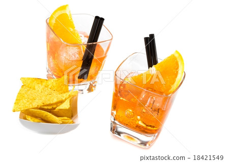 two glasses of spritz aperitif aperol cocktail with orange