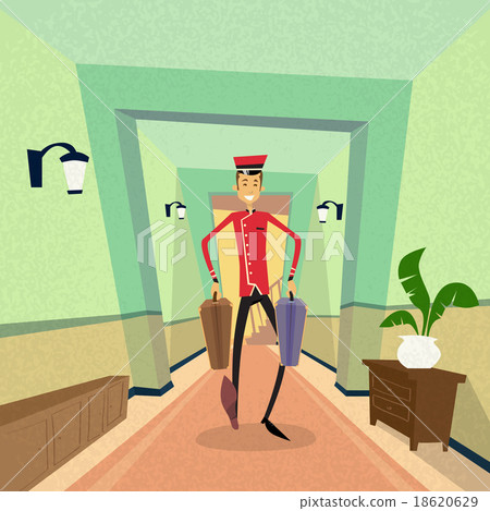 图库插图: bell boy carry suitcase indoor hotel porter