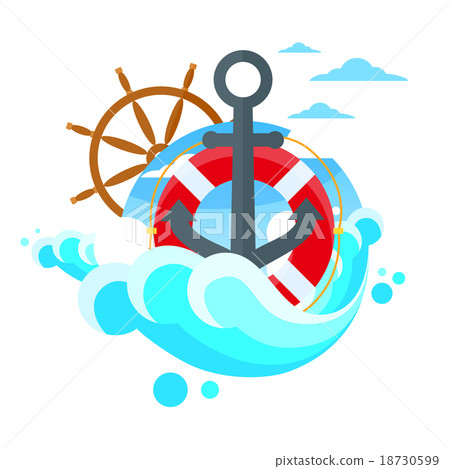 插图素材: anchor steering wheel sea blue flat vector