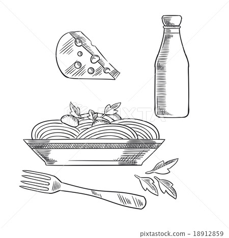 插图素材: italian pasta with sauce, cheese and ketchup