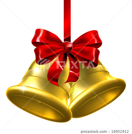 插图素材: gold christmas bells with red bow