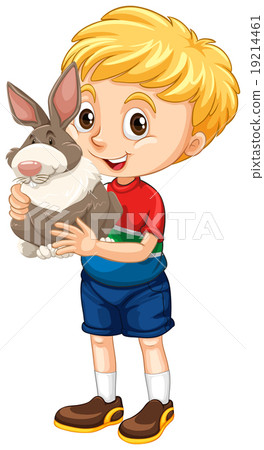插图素材: little boy and gray rabbit