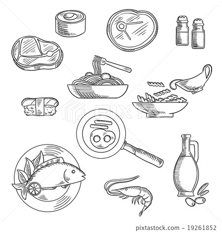 插图素材: healthy breakfast and lunch sketched icons