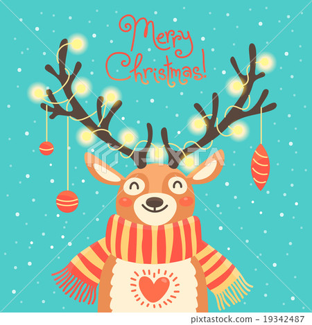 插图素材: christmas card cute cartoon deer with garlands on